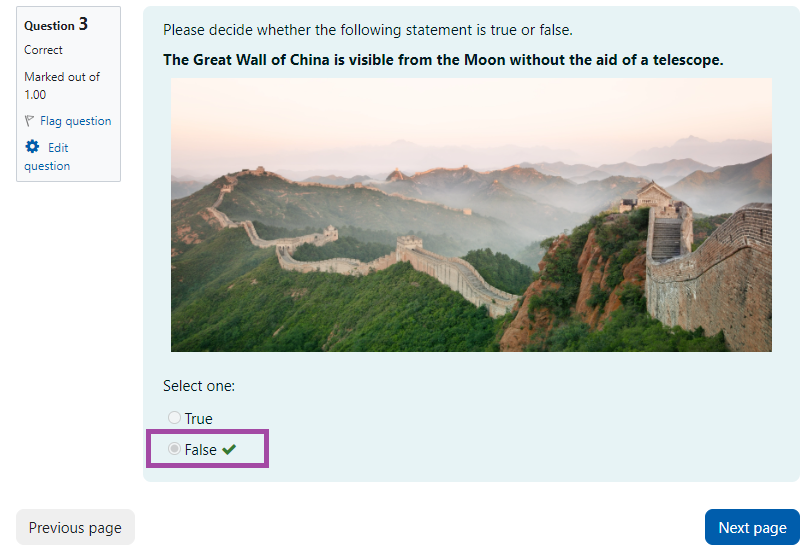 A screenshot of a an answered quiz question. The correct answer has been selected and a green tick can be seen.