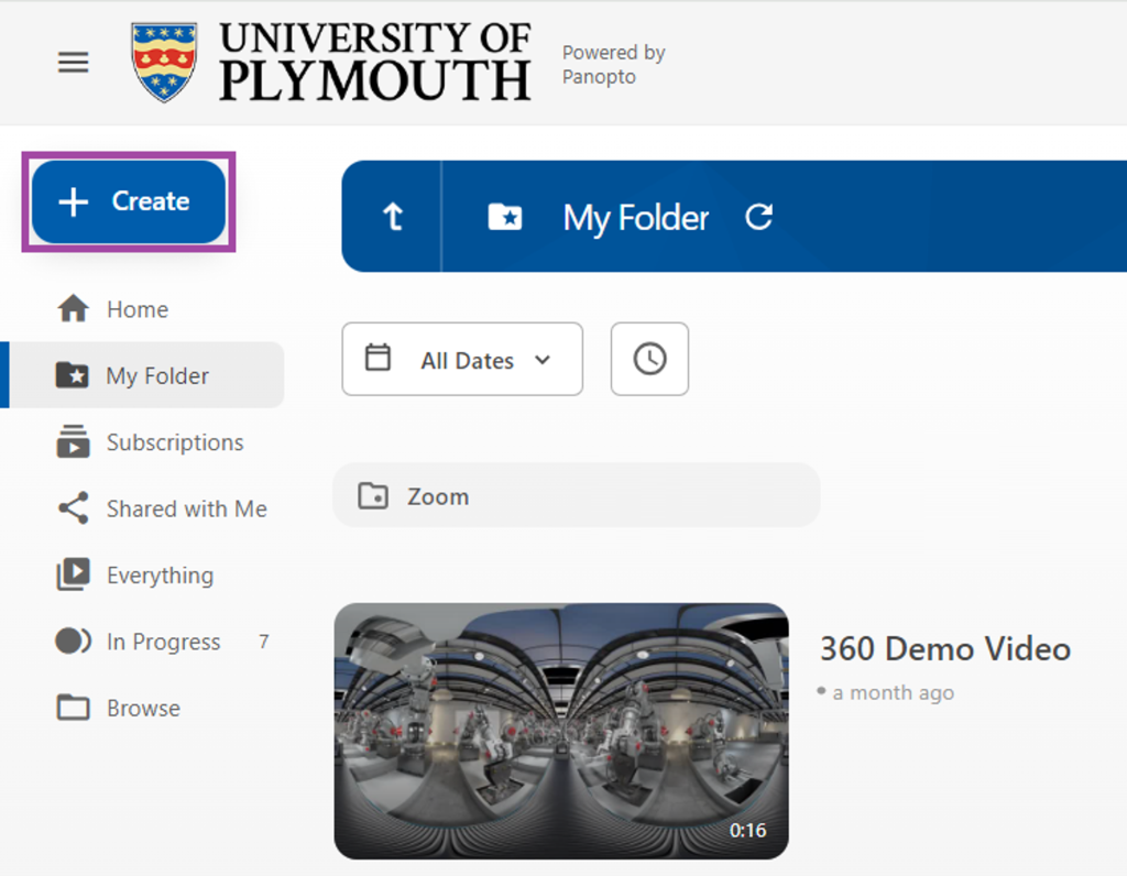 Screenshot of ‘My Folder’ with ‘+ Create’ highlighted