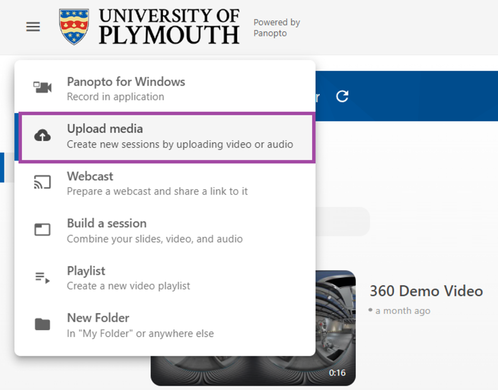 Screenshot of ‘Create’ menu drop down, ‘Upload media’ highlighted