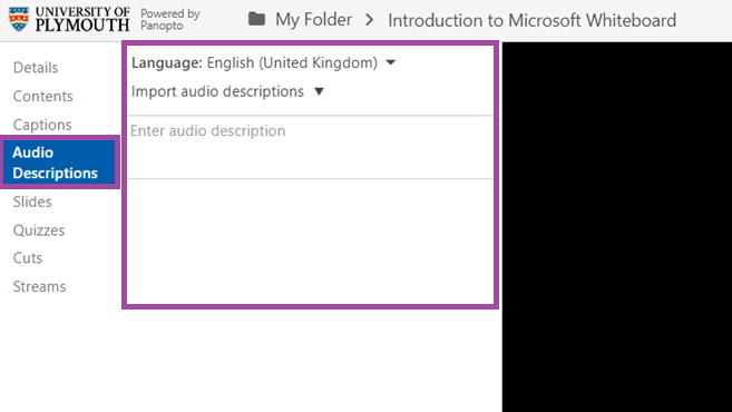 Screenshot of Panopto editor - Audio Descriptions highlighted