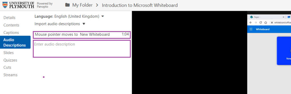 Screenshot of Panopto editor - Audio description edited to include a description