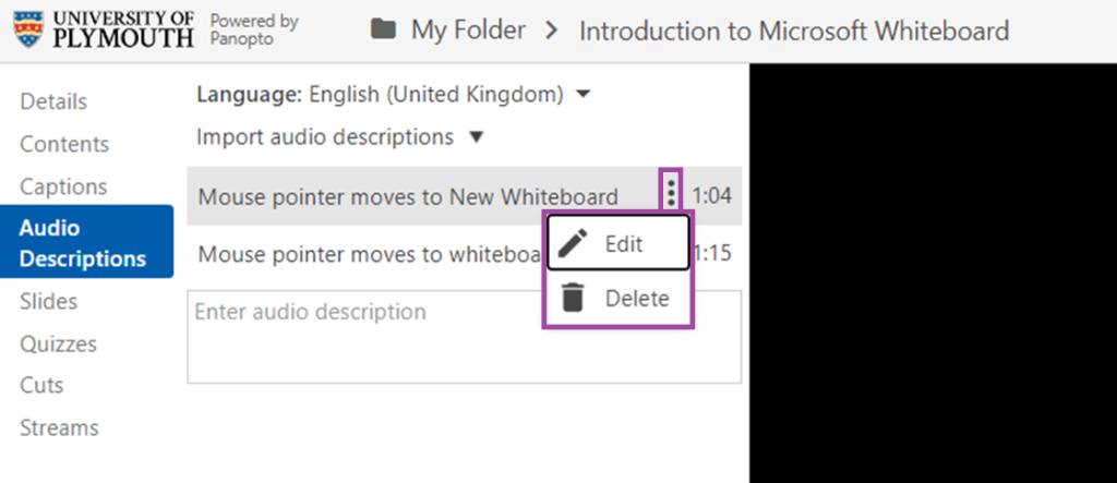 Screenshot of Panopto editor - Audio Description options highlighted