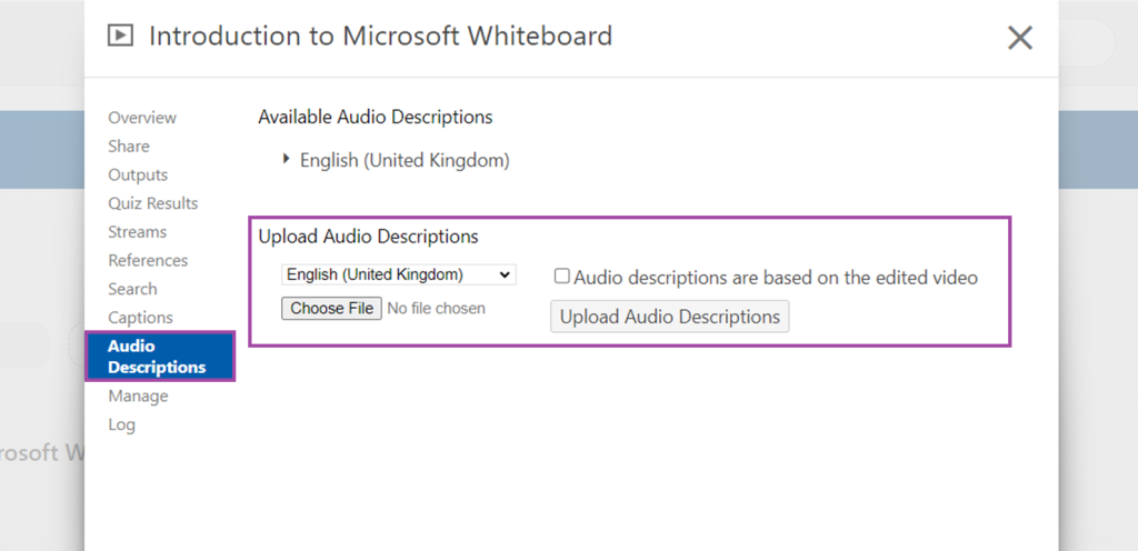 Panopto settings screenshot - Audio Descriptions and Upload Audio Descriptions highlighted.