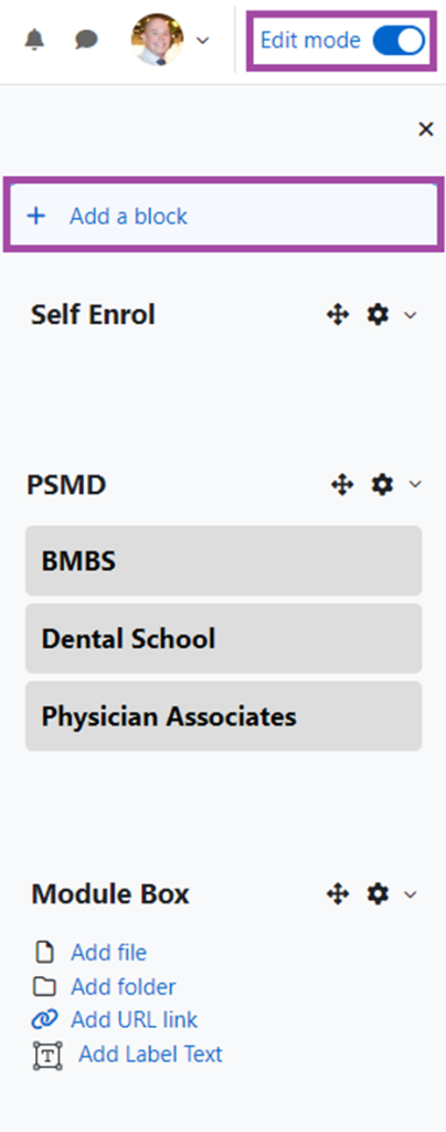 Screenshot of the Digital Learning Environment, with the ‘Edit mode’ and ‘+ Add a block’ highlighted.