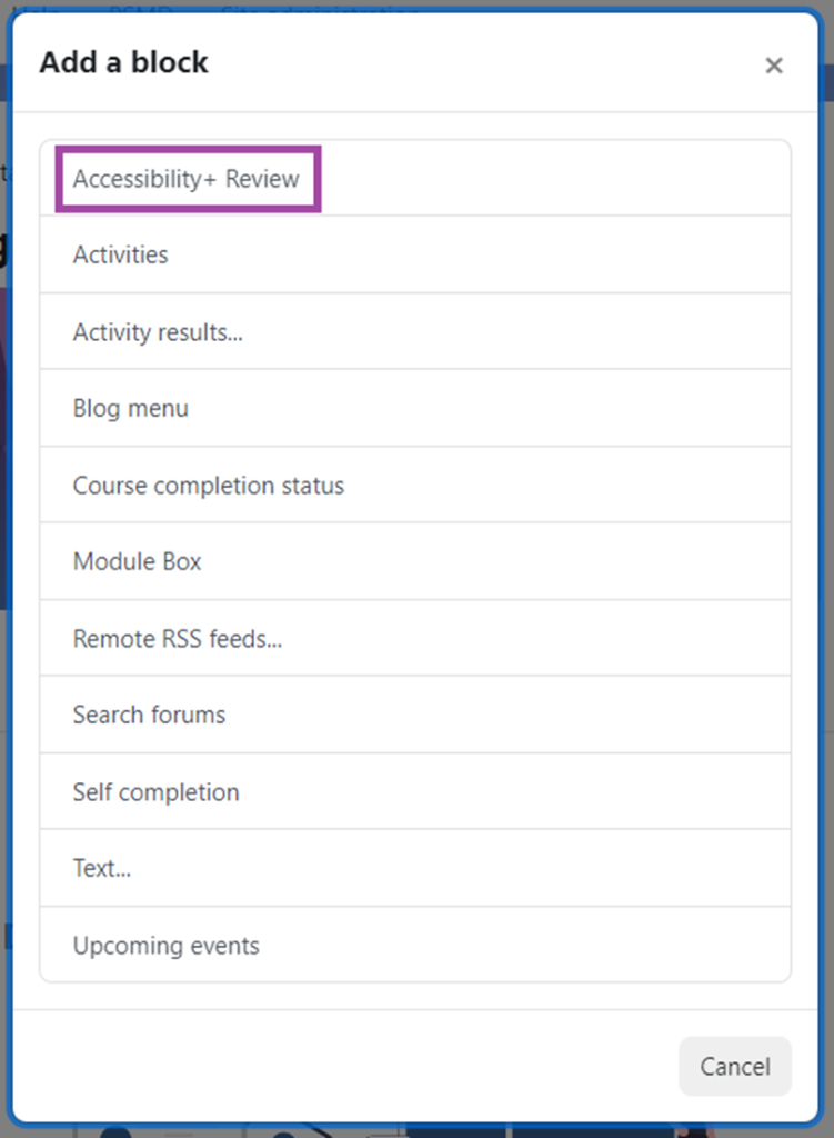 Screenshot of the Digital Learning Environment, ‘Add a block’ with ‘Accessibility+ Review’ highlighted.