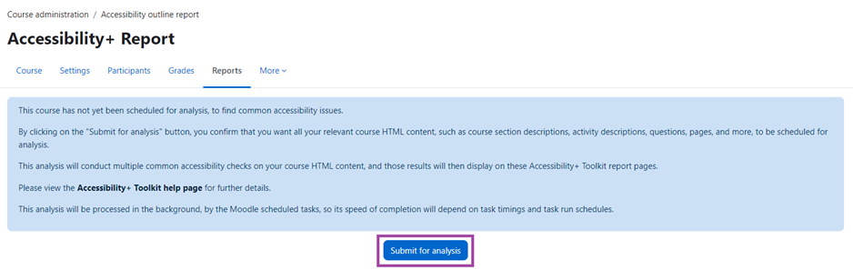 Screenshot displaying a message that the course is being scheduled for analysis. With the ‘Submit for analysis’ button highlighted.