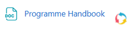 Teal icon of a document with words Programme Handbook. To the right a circular logo made up of three arrows, one blue, one red and one yellow, sits to right of text.