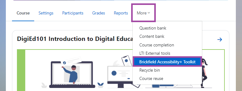 Screenshot of the Digital Learning Environment, with ‘More’ highlighted in the secondary menu and ‘Brickfield Accessibility+ Toolkit’ highlighted in the drop down menu.