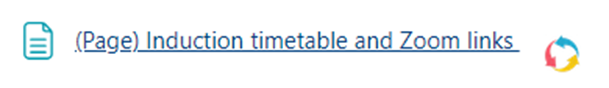 Teal icon of a page with words (page) Induction timetable and Zoom links. To the right of this is a circular logo made up of three arrows, one blue, one red and one yellow.