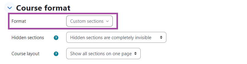 Screenshot of the ‘Course Format’ with the ‘Format’ highlighted.