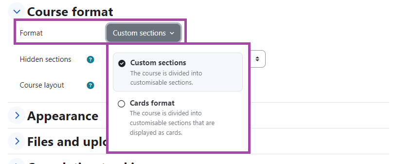 Screenshot of ‘Course format’ with the Format of ‘Custom sections or Cards format’ highlighted.