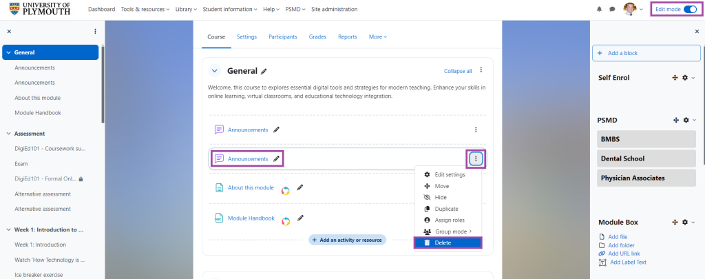 Screenshot of the DLE, with the ‘Edit mode’ highlighted and the second ‘Announcements’ highlighted for deletion.