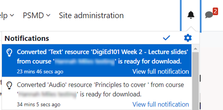 Screen shot of notification in Moodle. Notification of text resource ready for download.