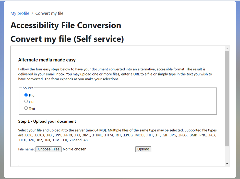 Screen shot of accessibility file conversion window