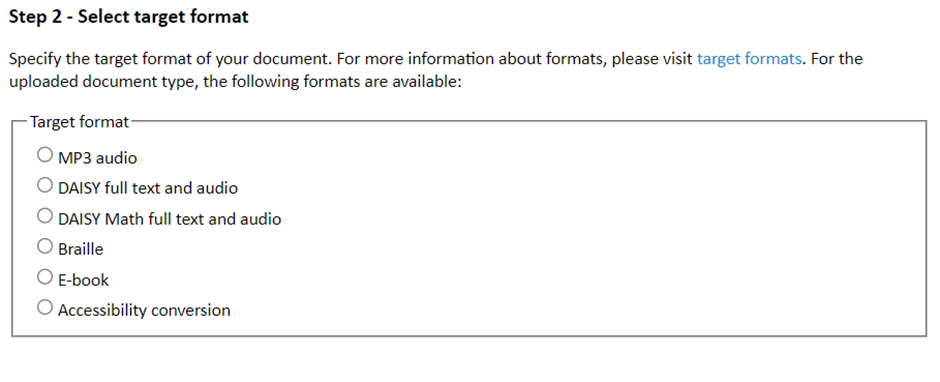 Screen shot of Step 2 Select target format window.