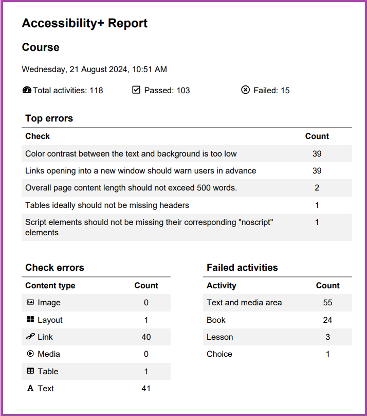 Screenshot of a downloaded ‘Accessibility+ Report’