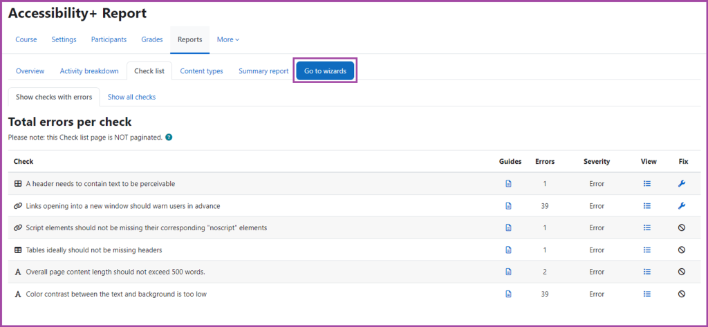 Screenshot of the ‘Accessibility+ Report’ page within the DLE, with the ‘Go to wizards’ highlighted.