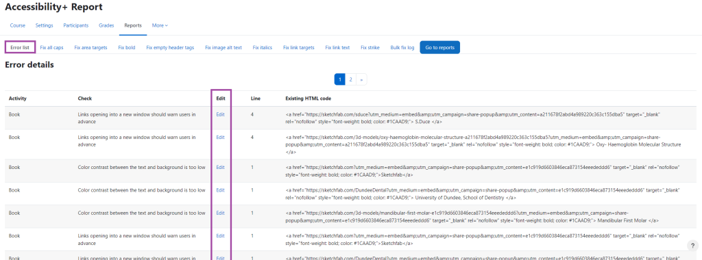 Screen shot within the Accessibility+ Report Wizard. ‘Error list’ highlighted with the ‘Edit’ section also highlighted.