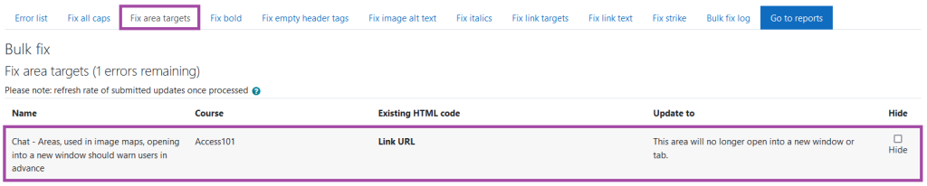 Screen shot within the Accessibility+ Report Wizard. ‘Fix area targets’ highlighted with an example also highlighted.