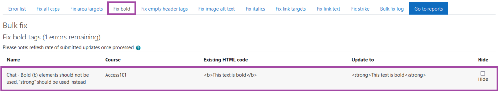 Screen shot within the Accessibility+ Report Wizard. ‘Fix bold’ highlighted with an example also highlighted.