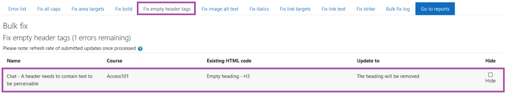 Screen shot within the Accessibility+ Report Wizard. ‘Fix empty header tags’ highlighted with an example also highlighted.