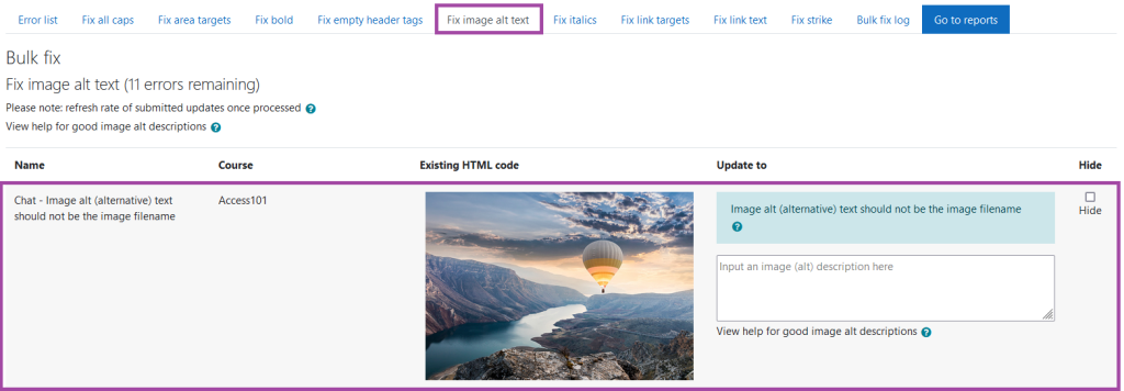 Screen shot within the Accessibility+ Report Wizard. ‘Fix image alt text’ highlighted with an example also highlighted.