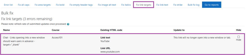 Screen shot within the Accessibility+ Report Wizard. ‘Fix link target’ highlighted with an example also highlighted.