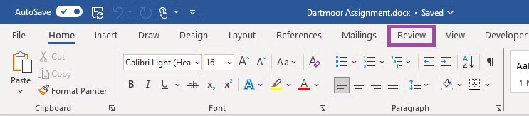 Screenshot of Microsoft Word, with ‘Review’ highlighted in the top toolbar.