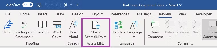 Screenshot of Microsoft Word, with ‘Check Accessibility’ highlighted in the top ribbon.