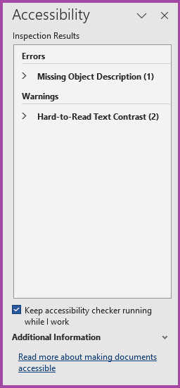 Screenshot of the Accessibility Checker panel in Microsoft Word.