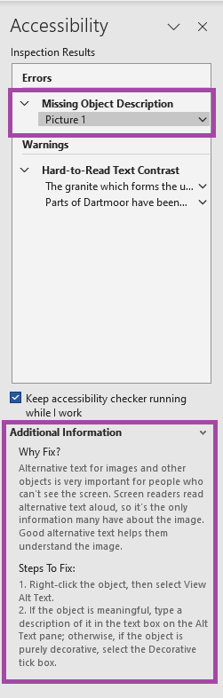 Screenshot of the Accessibility Checker panel in Microsoft Word. With an error and fixes highlighted.