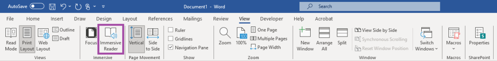 Screenshot of Microsoft Word, with ‘Immersive Reader’ highlighted in the top ribbon.