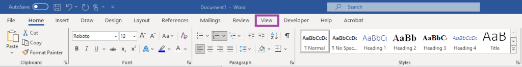 Screenshot of Microsoft Word, with ‘View’ highlighted in the top toolbar.