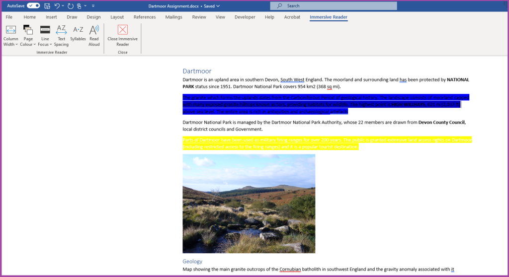 Screenshot of the ‘Immersive Reader’ in Microsoft Word.