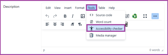 Screenshot of the TinyMCE editor and the 'Tools and Accessibility checker' highlighted.