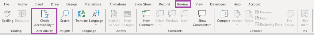 Screenshot of PowerPoint top toolbar and ribbon, with ‘Review and Check Accessibility’ highlighted.