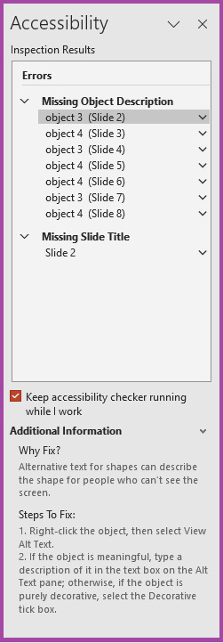 Screenshot of the PowerPoint Accessibility ‘Inspection Results’