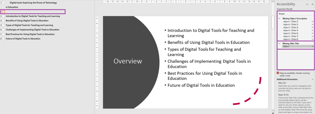 Screenshot of PowerPoint with ‘Inspection Results’ highlighted and the issue highlighted.