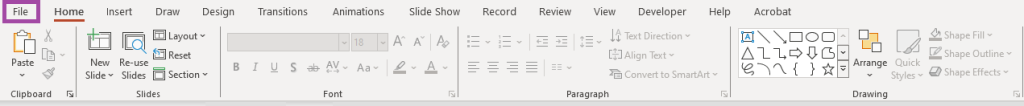 Screenshot of PowerPoint top toolbar with ‘File’ highlighted.
