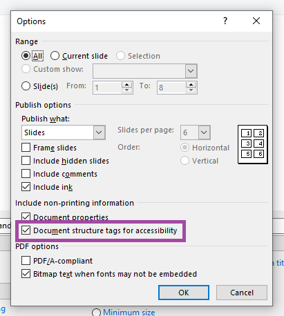 Screenshot of the ‘Options’ with ‘Document structure tags for accessibility’ highlighted.