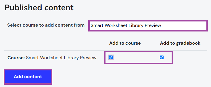 Screenshot of a course in LearnSci (highlighted) and the tickable resources (highlighted) that can be added to the DLE’s activity.