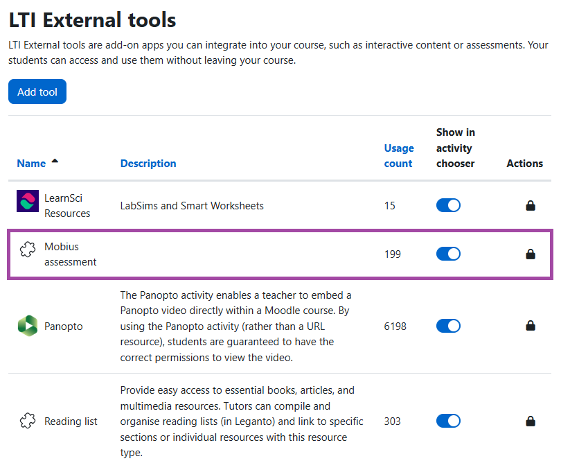 Screenshot of the available LTI External tools list (highlighted) in the DLE.