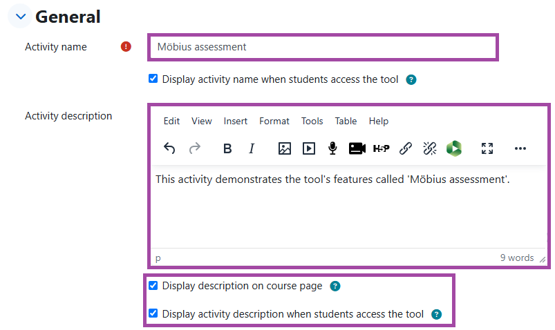 Screenshot of the Möbius assessment’s settings (highlighted).