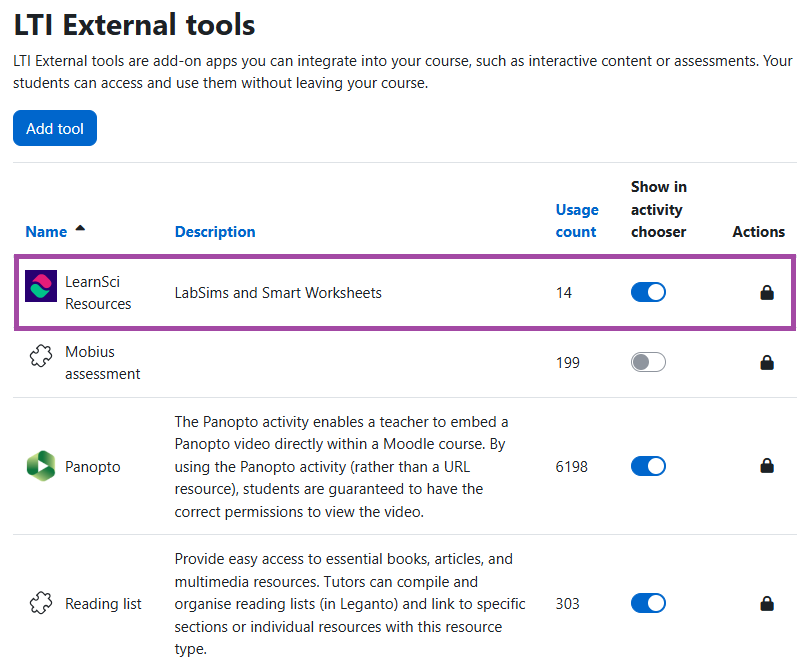 Screenshot of the available LTI External tools list (highlighted) in the DLE.