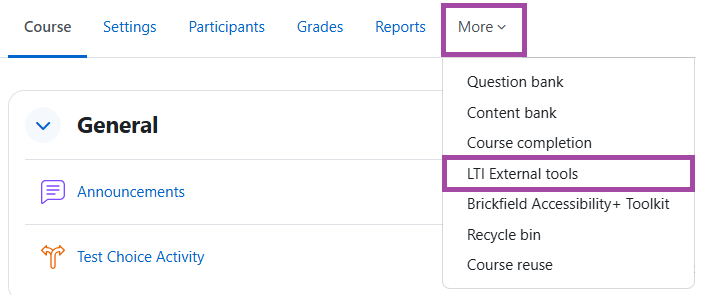 Screenshot of the ‘More’ menu (highlighted) and the ‘LTI External tools’ button (highlighted) in the secondary navigation bar of the DLE.