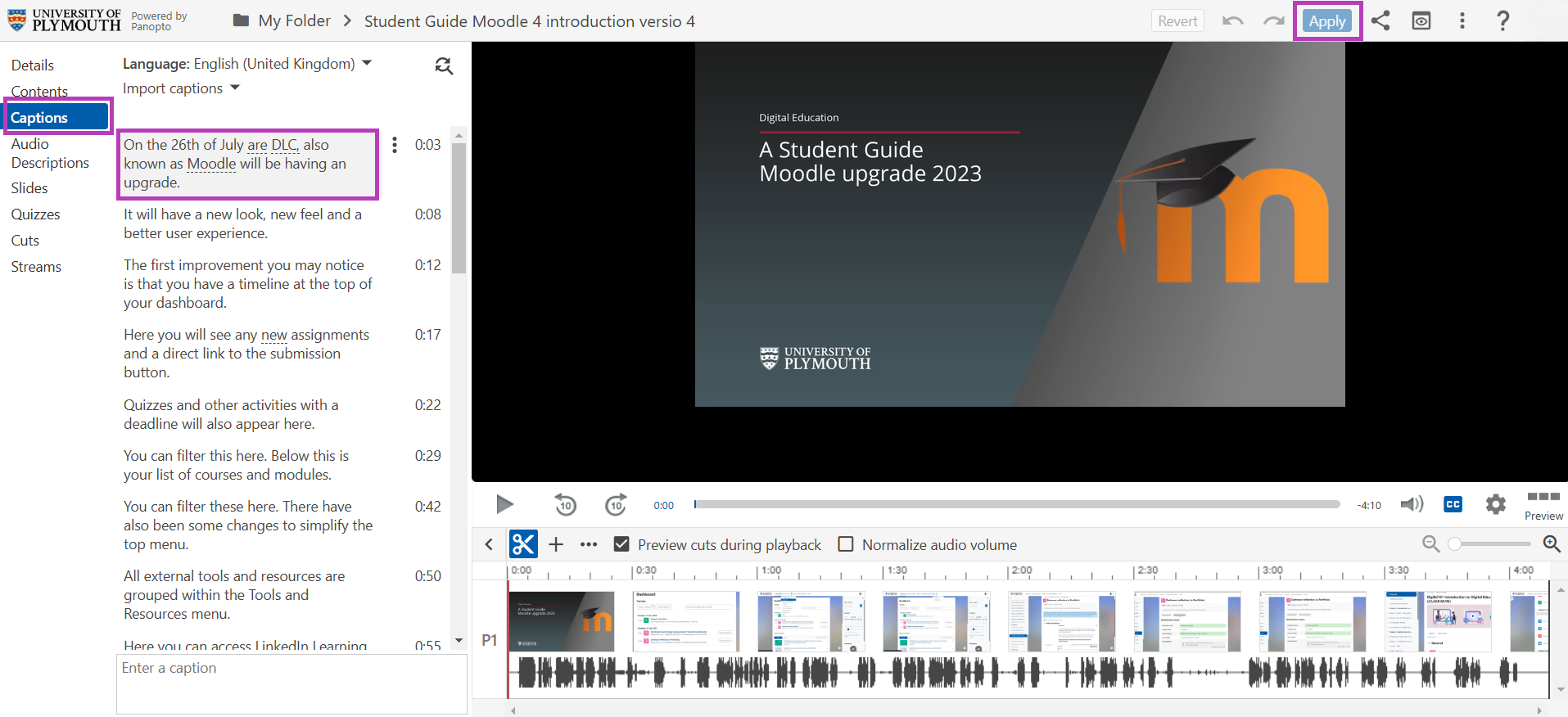 Screen shot of the Panopto edit window with the captions tab highlighted by a purple box.