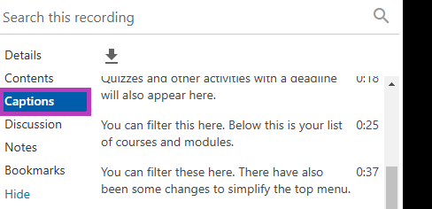 Screen shot of the captions option in the left hand menu of Panopto selected by a purple box.