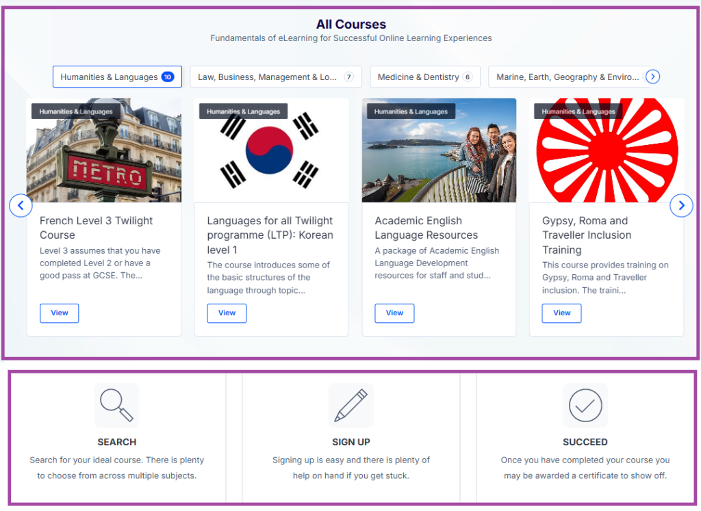 Screenshot of the ‘Home’ page (highlighted) on the Open Learning Platform.