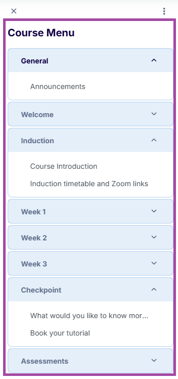 Screenshot of the ‘Course Menu’ left-hand navigation bar on the Open Learning Platform.
