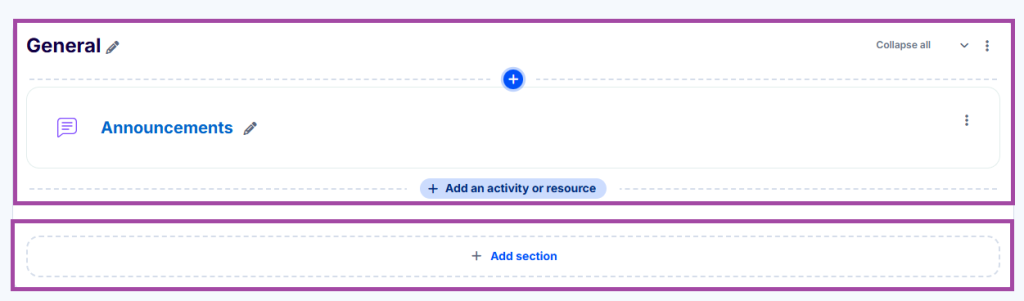 Screenshot of a editing a main course page (a section highlighted) on the Open Learning Platform.